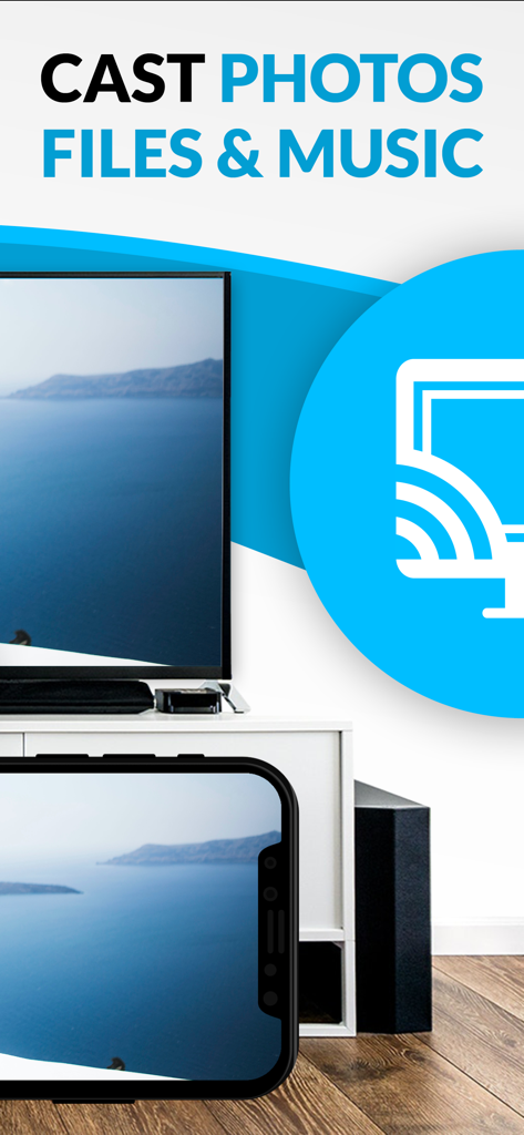 A smartphone casting a scenic landscape photo to a television screen using TV Cast Pro for Chromecast