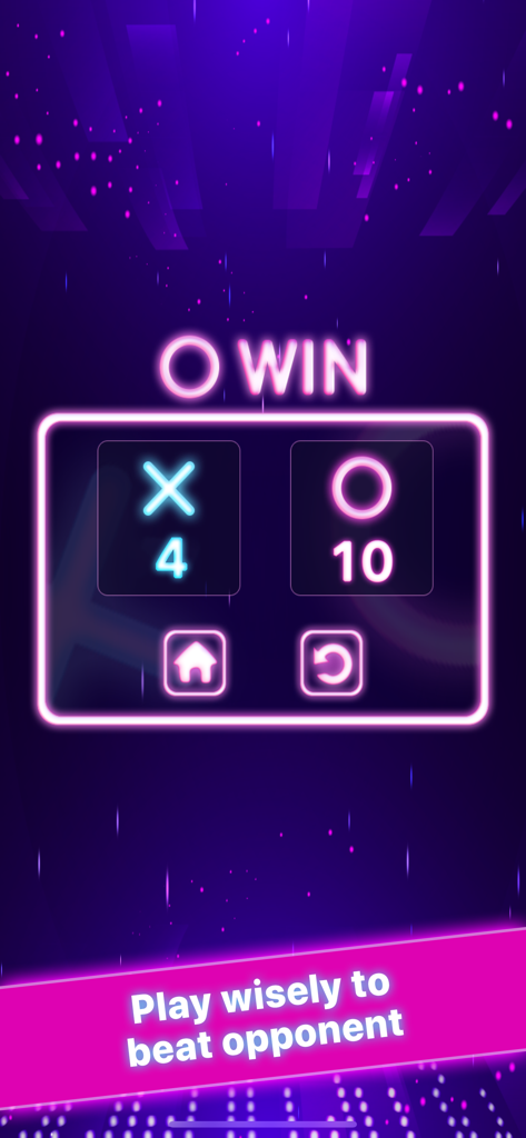 Tic Tac Toe: 2 Player - Tic Tac Toe 2 Player neon win screen showing O as the winner with a score of 10 to 4