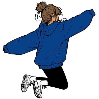 realistic girl jumping with a bun and oversized sweatshirt