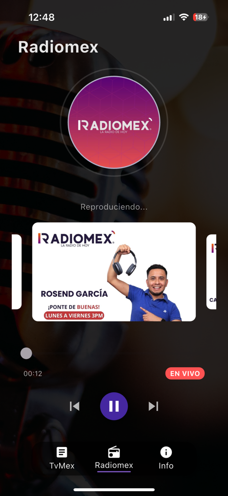 Interfaz del reproductor de radio en vivo de Radiomex con un programa con Rosendo García