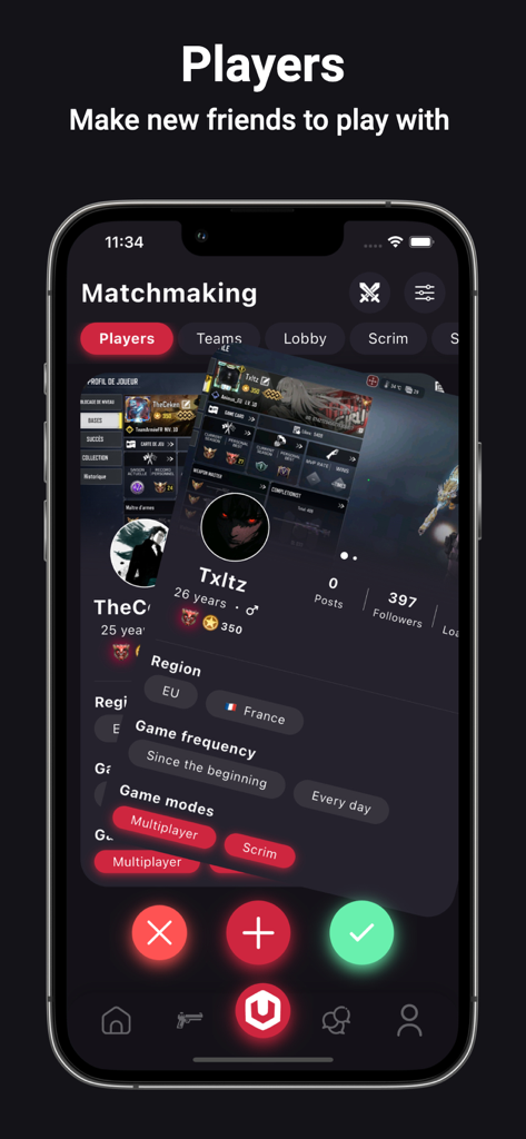Universe Meta - Universe Meta app matchmaking screen showing a player profile card for finding new teammates.