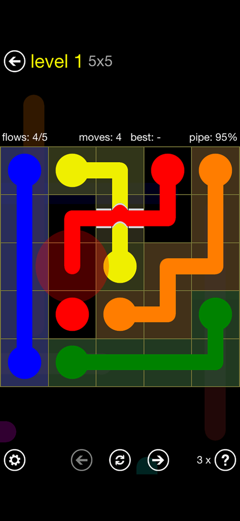 Flow Free: Bridges - Flow Free Bridges gameplay showing a 5x5 puzzle grid with colorful pipes and a bridge mechanic