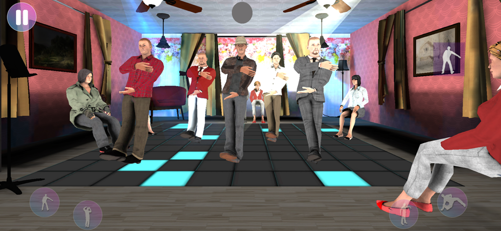 Personajes realizando movimientos sincronizados de hip hop en una pista de baile brillante.