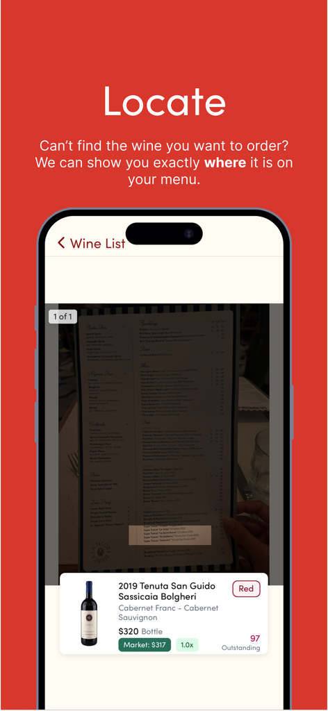 Wine Find app interface scanning a restaurant wine list to highlight a specific bottle with price and rating details