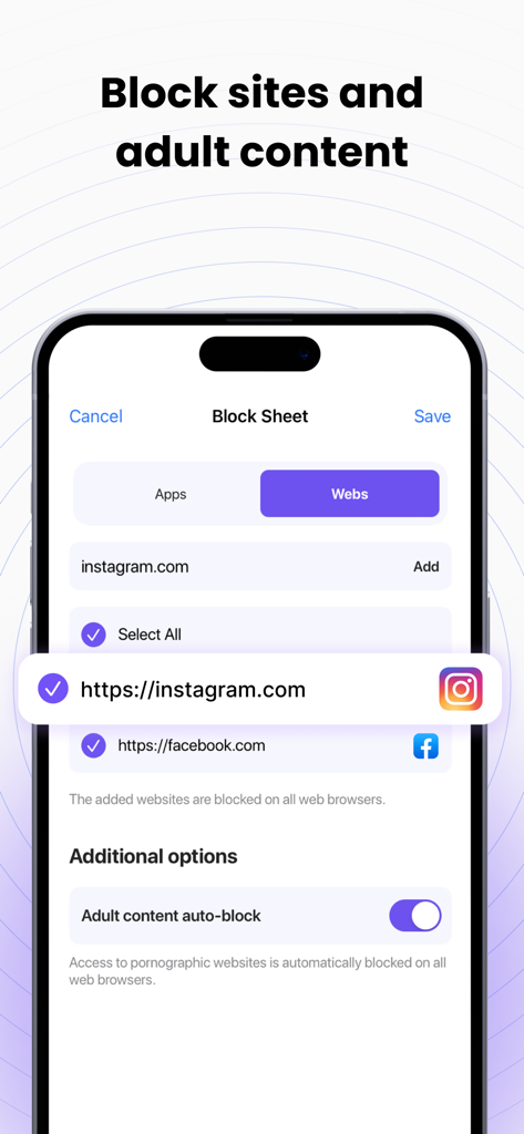 Screen Time Limit: App Blocker - Interface showing the Focus Mode app's website blocker and adult content filter settings.