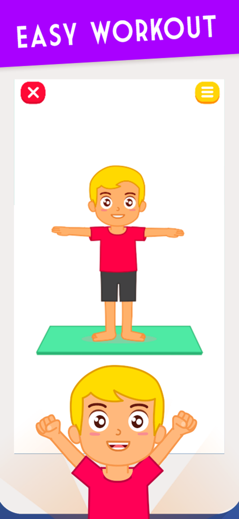 Exercise for Kids at home - Cartoon boy performing exercises on a yoga mat in the kids fitness app