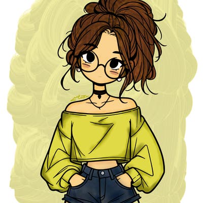 girl with a messy ponytail glasses a baggy crop top and jean shorts