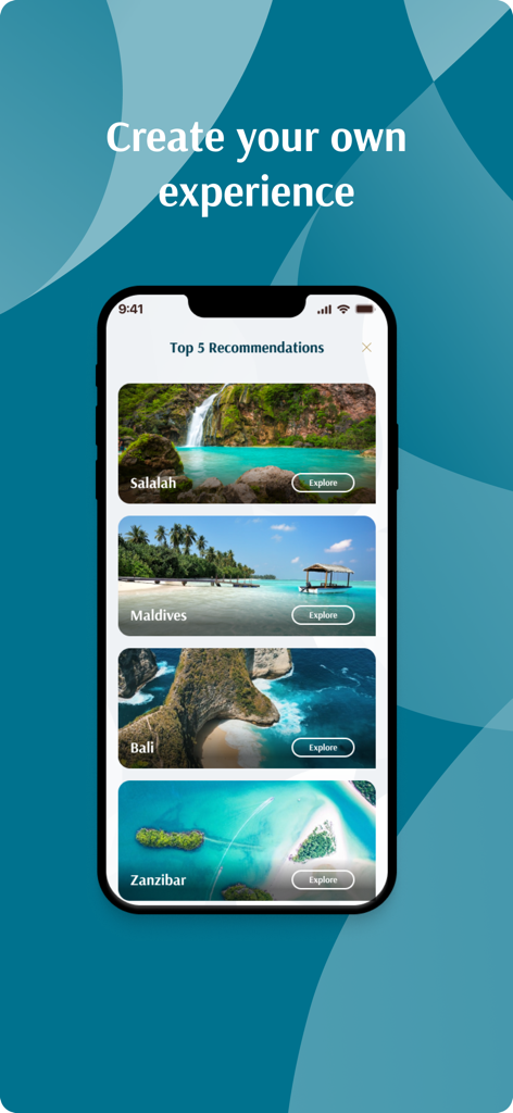 Écran de l'application Oman Air affichant les meilleures recommandations de voyage pour des destinations comme Salalah (Maldives) et Bali.