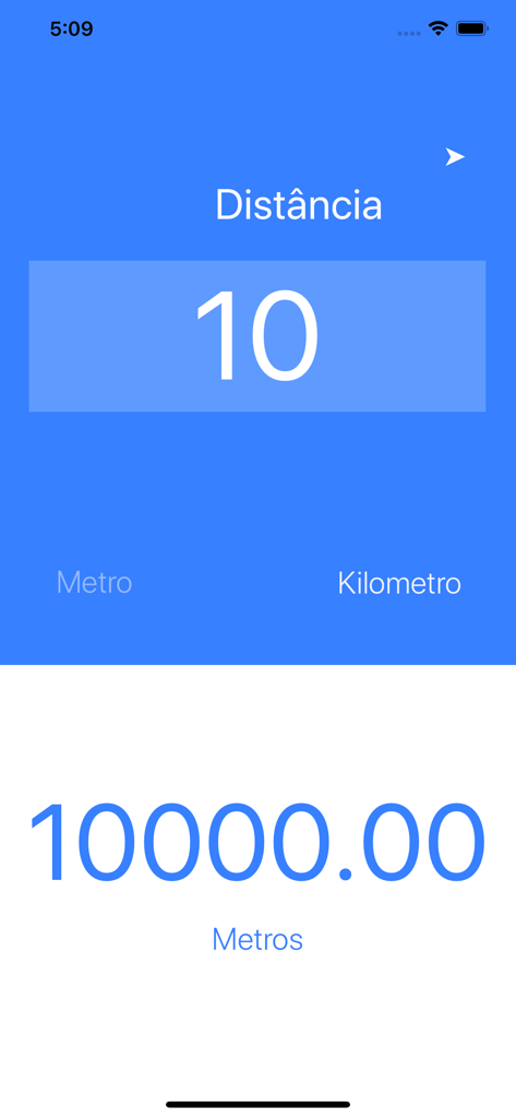 X Conversor app interface showing a distance conversion of 10 kilometers to 10,000 meters