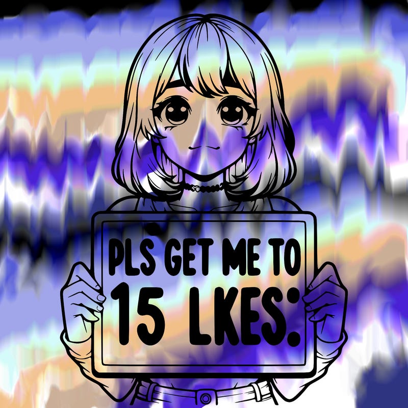 realistic girl holding up a sign that says “pls get me to 15 likes!”