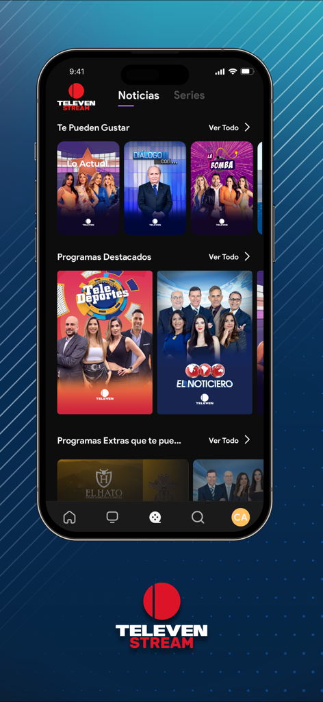 Televen Stream mobile app interface featuring Venezuelan news and sports categories
