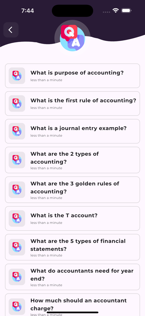 List of accounting questions and answers in the mobile app.