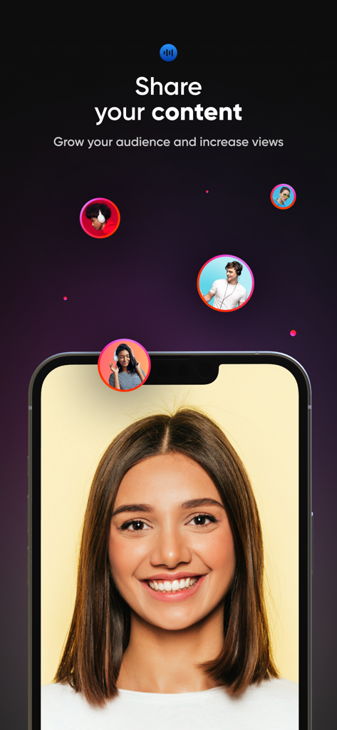 Zencastr - A smartphone showing the share your content screen with circular profile icons of different people.