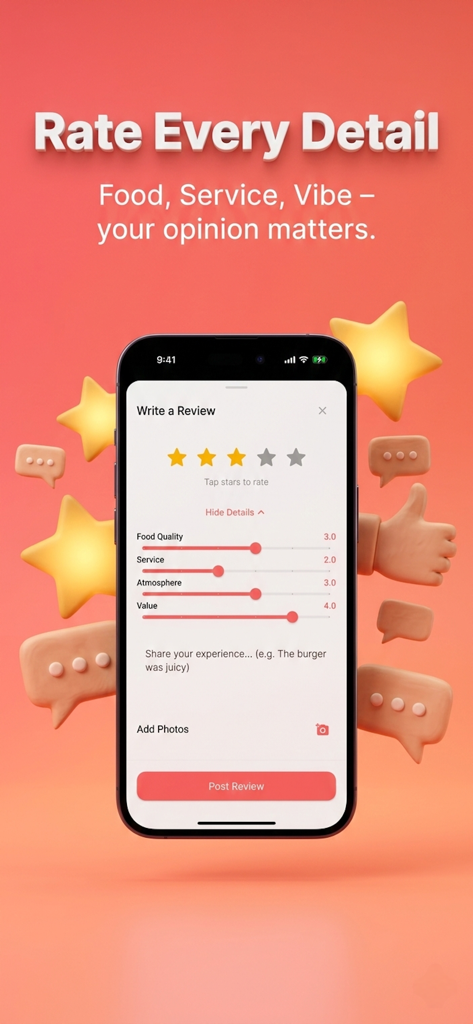 Savr: Find Restaurants & Cafes - Savr app interface for rating restaurant food quality service and atmosphere using detailed sliders