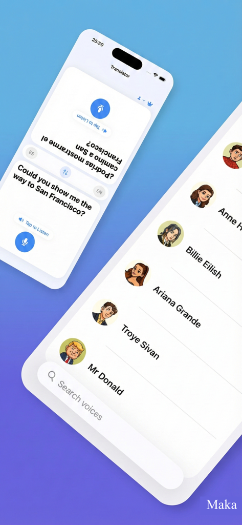 Mobile interface of the AI Translator app displaying conversational translation and a list of celebrity voice options