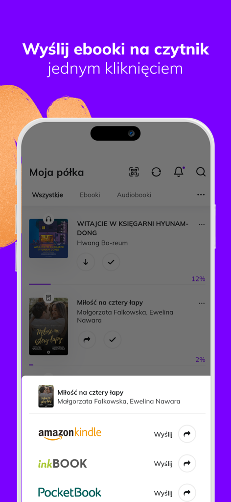 Woblink - Woblink app interface showing one-click ebook transfer options to Kindle, inkBOOK, and PocketBook.