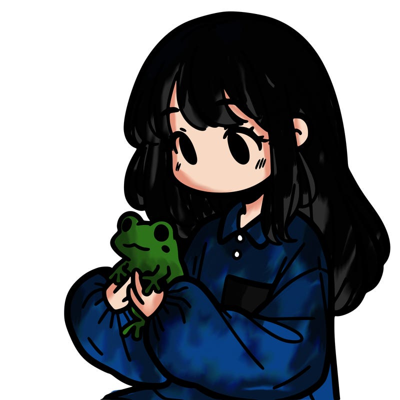 girl with long hair and a oversized shirt. and she is holding a frog