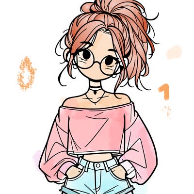 girl with a messy ponytail glasses a baggy crop top and jean shorts