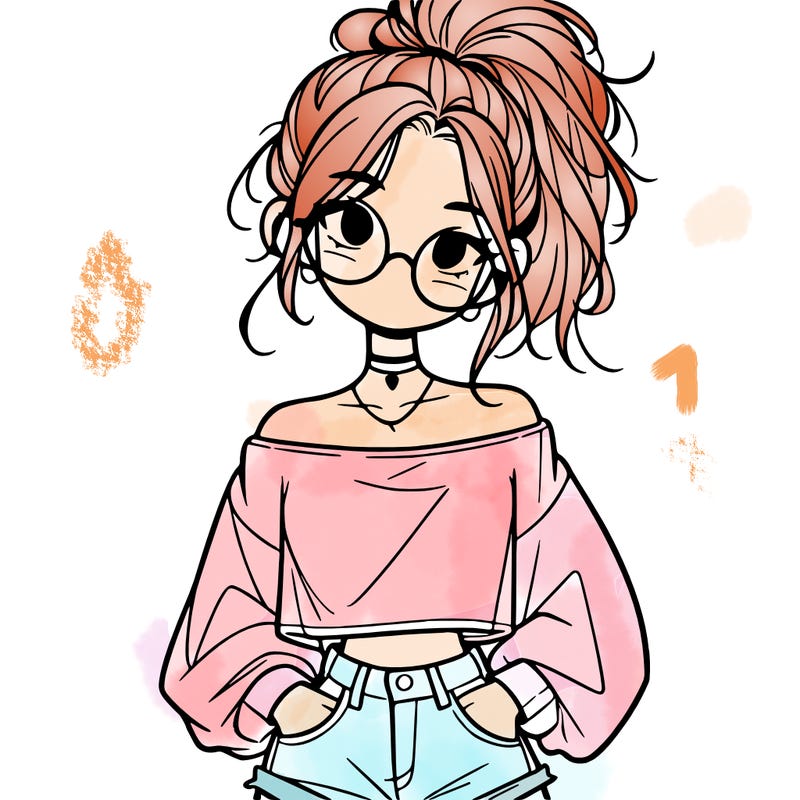 girl with a messy ponytail glasses a baggy crop top and jean shorts