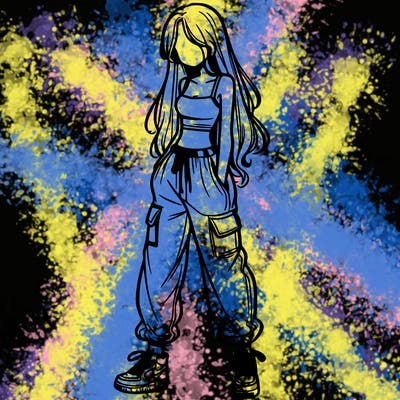 girl in baggy pants crop top and long hair