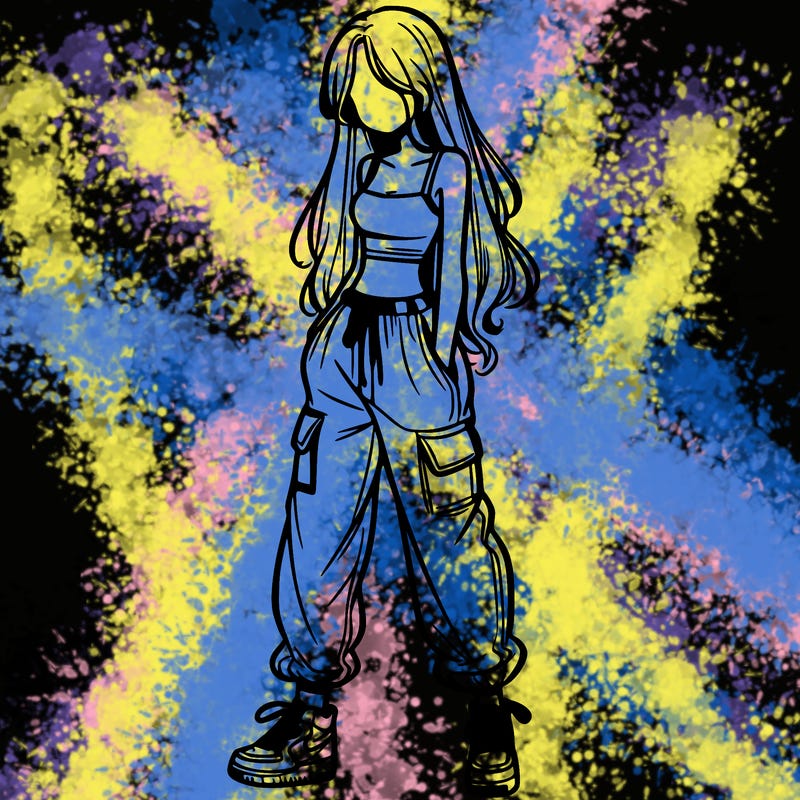 girl in baggy pants crop top and long hair