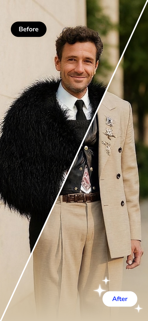 Split screen demonstration showing a man's outfit transformed from a black textured coat to a beige blazer using AI.
