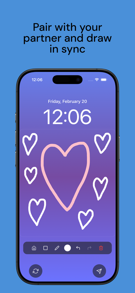 UsTwo - Draw Together - iPhone screen displaying the UsTwo app drawing interface with hand-drawn hearts on a purple gradient background.