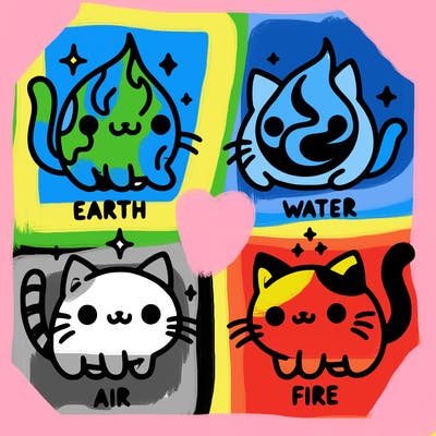 4 cats that represent the different elements, earth, water, air, and fire