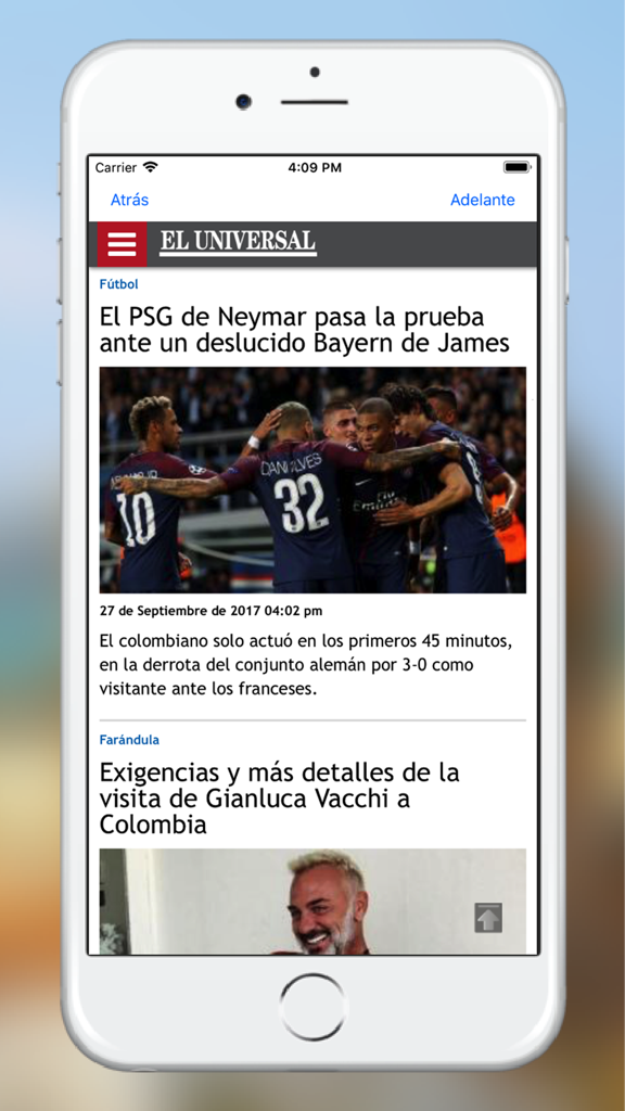 El Universal Cartagena - Interfaz de la aplicación de noticias El Universal Cartagena en un iPhone
