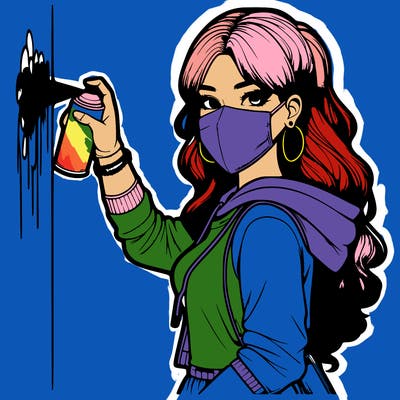 realistic girl with mask spray painting a wall