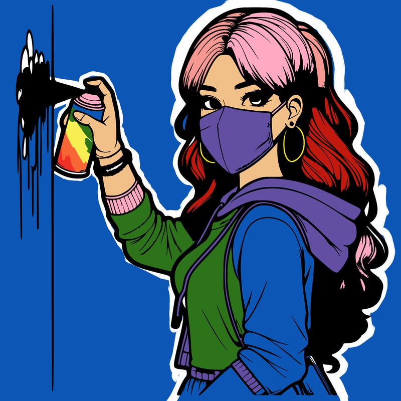 realistic girl with mask spray painting a wall