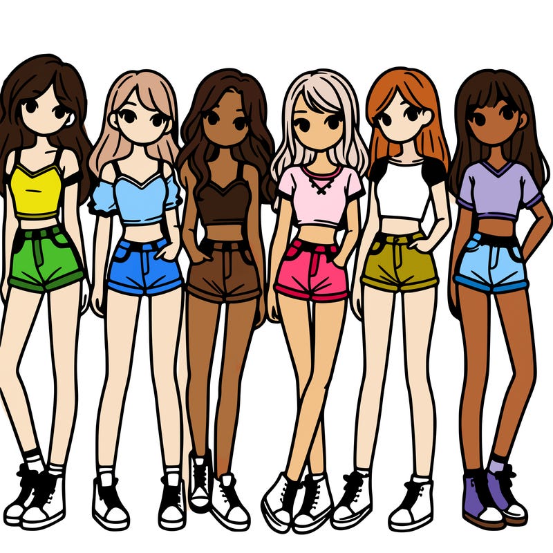 a group of girls wearing crop tops and shorts