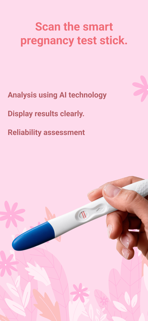 Pregnancy Test AI Scan - Hand holding a pregnancy test stick with AI analysis features listed on a pink background