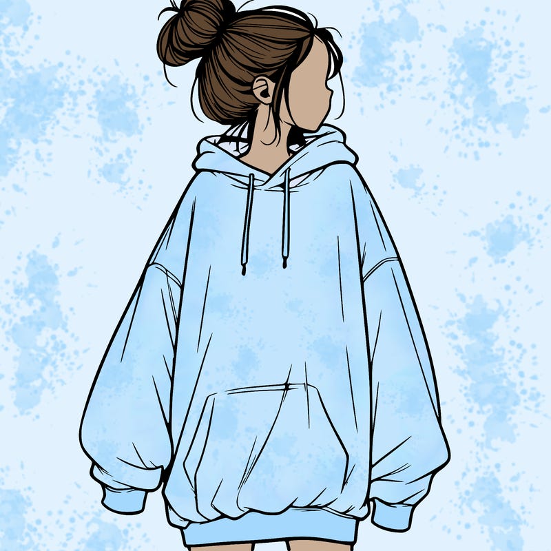 realistic girl with a oversized sweatshirt on and a bun