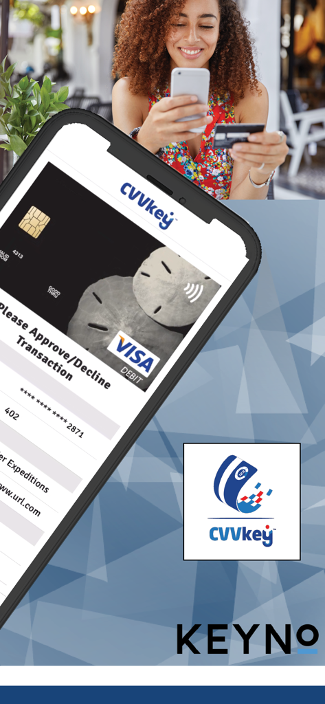 A woman using the CVVkey app on her smartphone to approve a secure credit card transaction