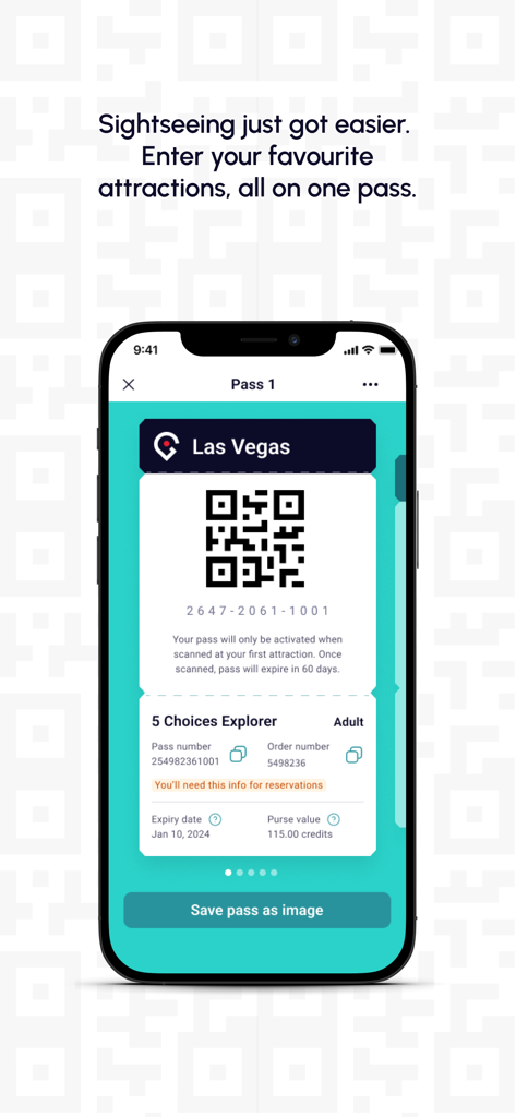 Go City -Travel Plan & Tickets - Schermata di uno smartphone che mostra un pass turistico digitale Go City per Las Vegas con un codice QR per l'ingresso.