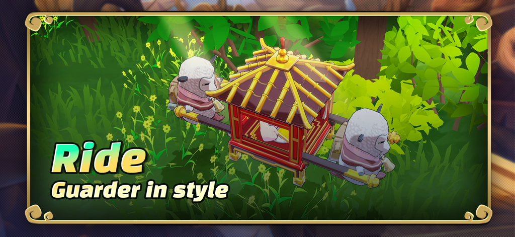 Dos adorables personajes oveja transportando una silla de manos a través de un exuberante campo verde con el texto Monta tu Guardián con estilo.