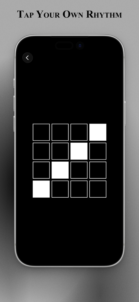 SenseSoothe - SenseSoothe app screen featuring a minimalist 4x4 grid for rhythmic tapping and sensory regulation in dark mode.