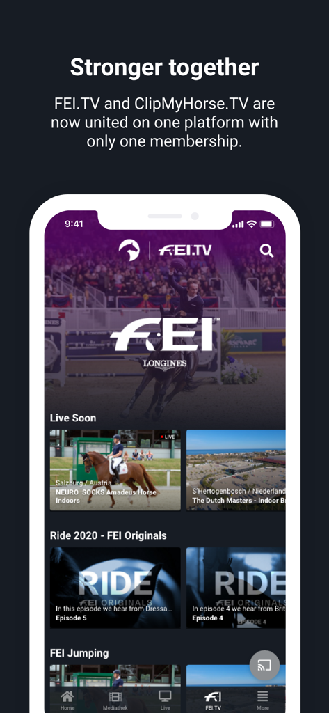 ClipMyHorse.TV & FEI.TV - ClipMyHorse.TVとFEI.TVのモバイルアプリインターフェース。馬術のライブストリームとビデオカテゴリが表示されています。