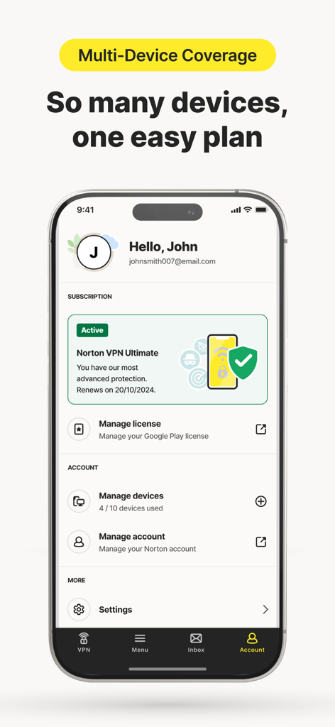 Norton VPN account management screen for multi device coverage