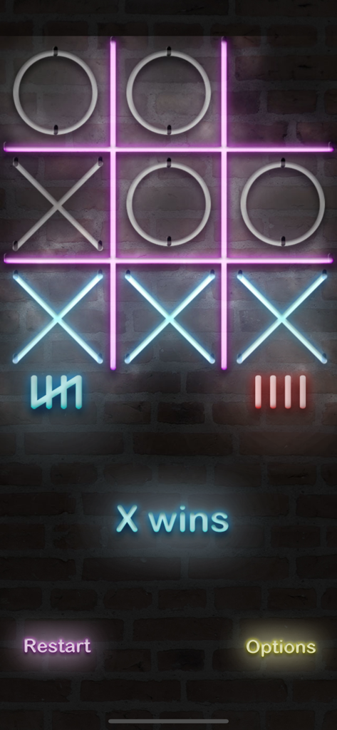 Tic Tac Toe - FULL GAME - Pantalla de juego de Tic Tac Toe de neón con el texto X wins en azul brillante y símbolos blancos sobre un fondo de ladrillo oscuro