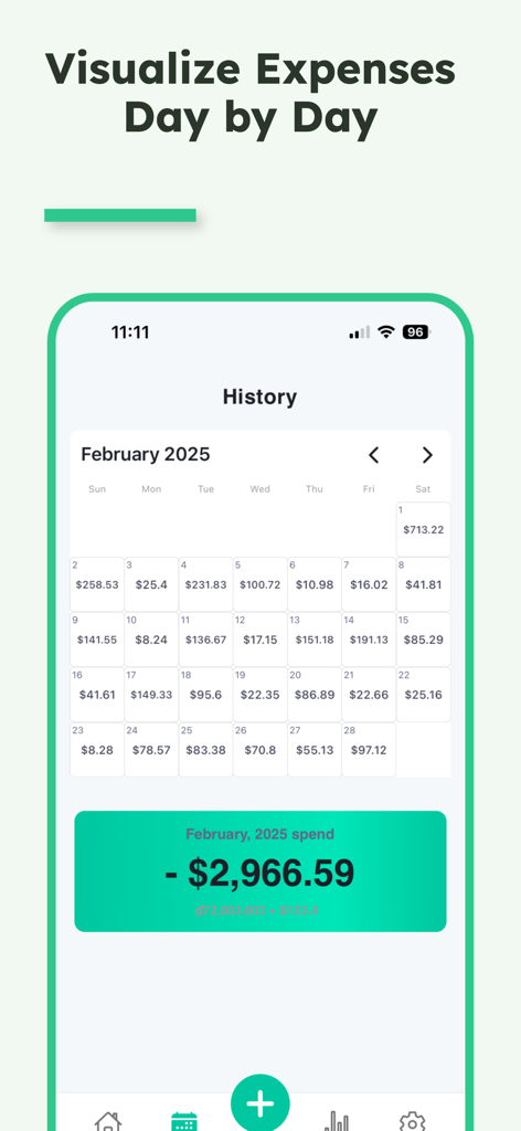 Schermata cronologia dell'app NomadWallet che mostra le spese giornaliere in formato calendario