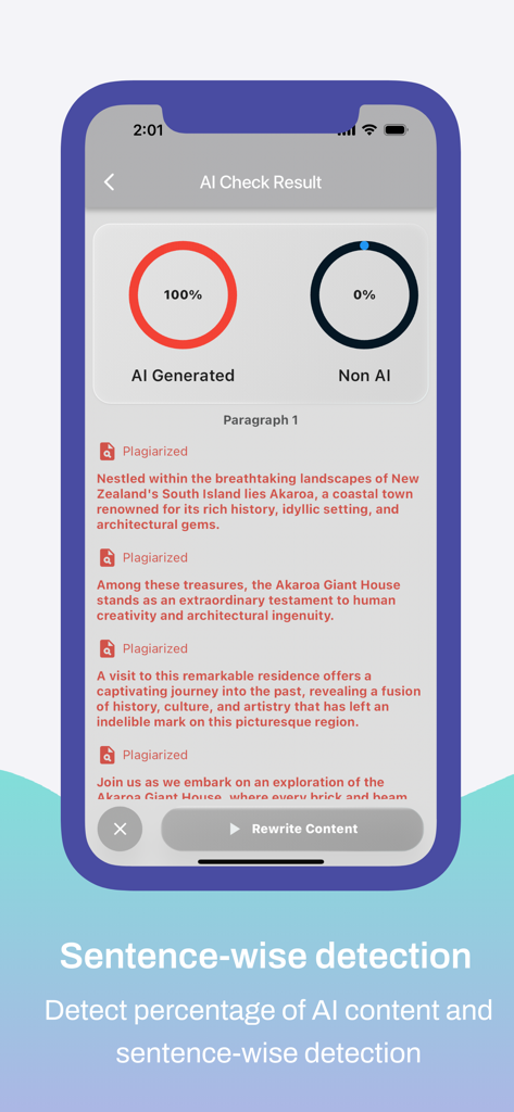 AI Writing Detector - ScanAI - Écran de smartphone montrant les résultats de l'application ScanAI avec 100 % de contenu détecté par l'IA et une analyse phrase par phrase.