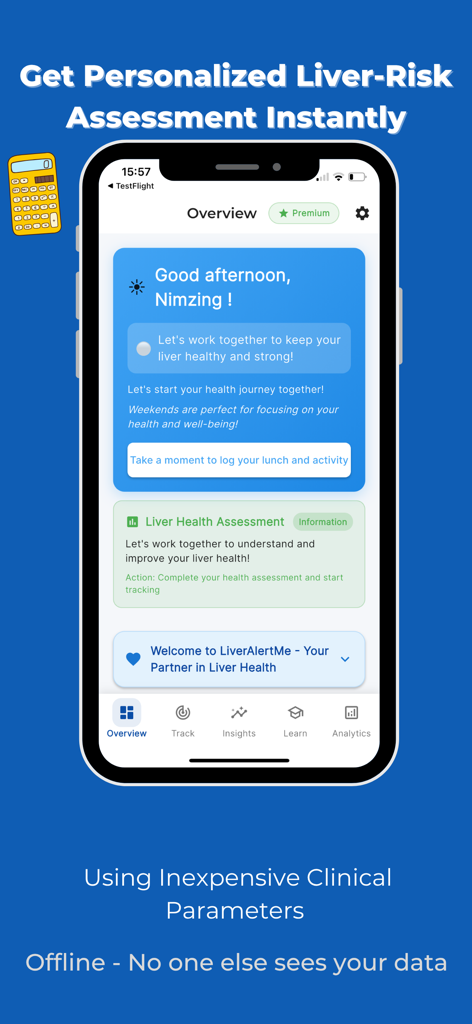 LiverAlertMe: Fatty Liver Care - LiverAlertMe app screen showing a personalized liver health assessment dashboard and daily tracking tools.