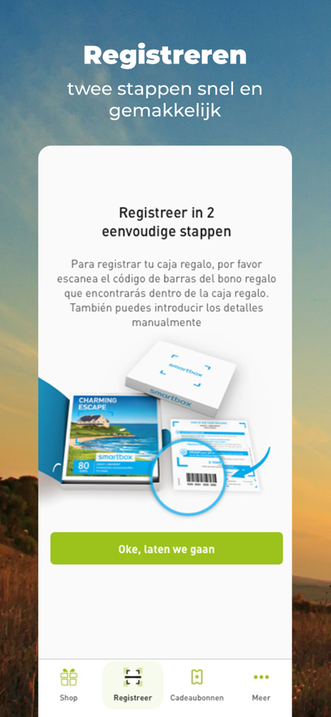 Pantalla de registro de la aplicación Bongo mostrando cómo escanear y registrar un vale de regalo