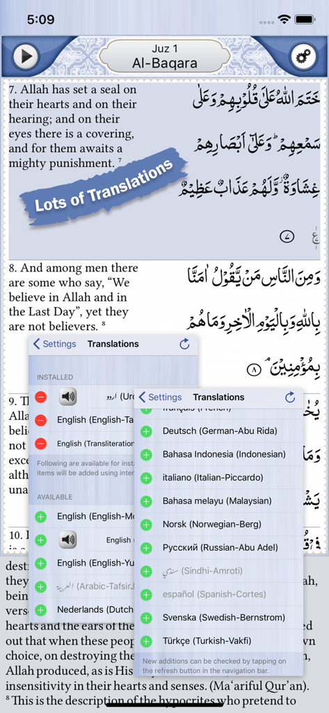 Quran Explorer app screen showing available translations in multiple languages