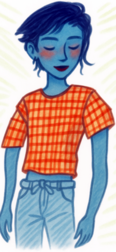 Symmetry Painter - Una ilustración digital colorida de un personaje con piel azul y camisa a cuadros naranja creada en la aplicación Symmetry Painter