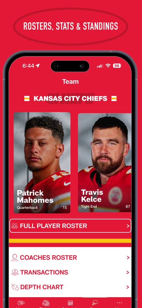 Página oficial de la lista de jugadores de la aplicación de los Kansas City Chiefs con Patrick Mahomes y Travis Kelce