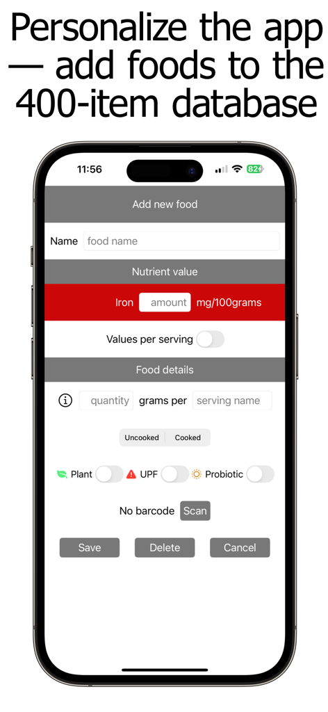 Iron Counter and Tracker - Interface of the Iron Counter and Tracker app showing the add new food screen with nutrient values and dietary labels