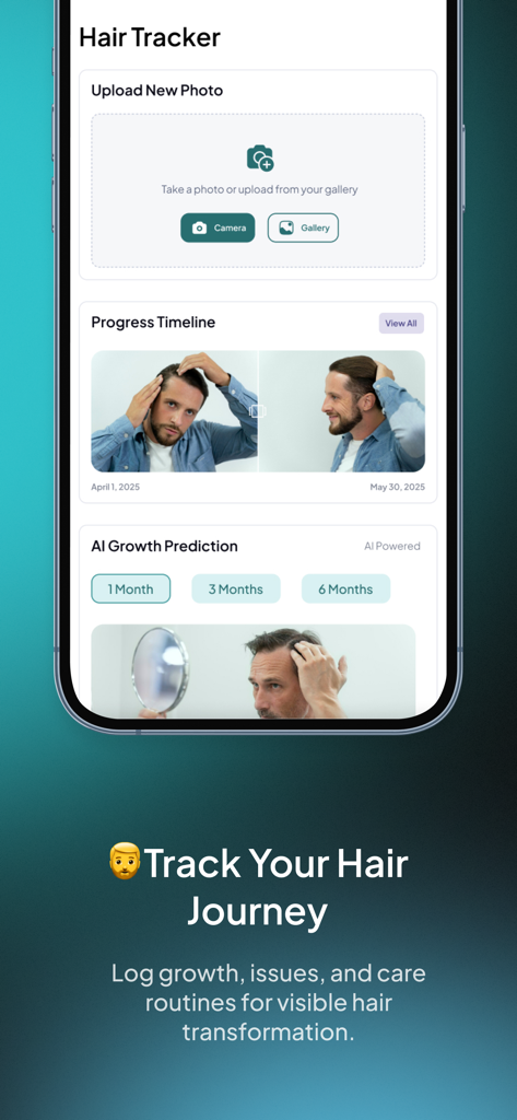 Fleava: Hair Health for Men - Fleava app interface showing a hair growth progress timeline and AI prediction tool